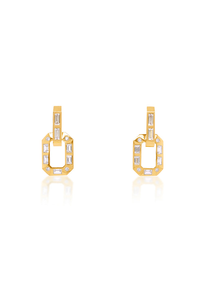 Cubic Zirconia, Huggie Double Drop Earrings, 9 Carat Yellow Gold