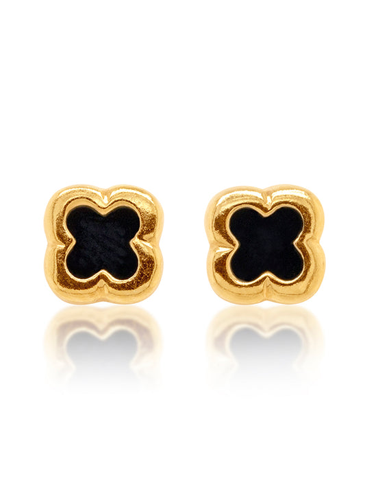 Black Onyx Clover Small Stud Earring, 9 Carat Yellow Gold