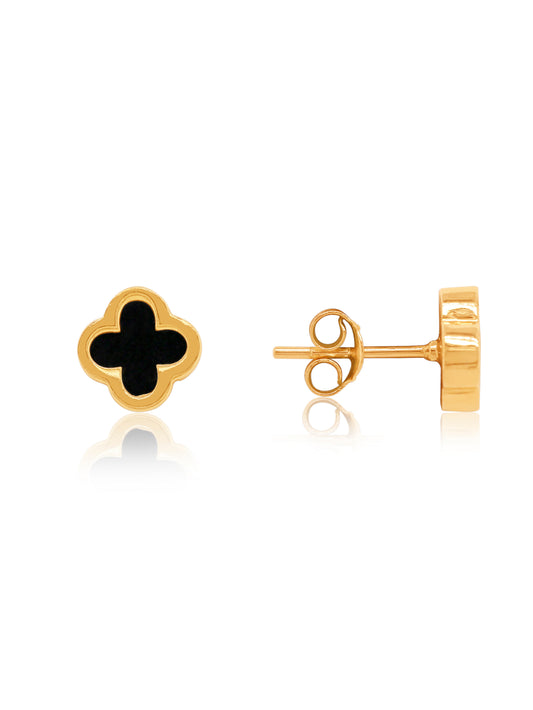 Medium Black 4 Leaf Clover Stud Earring in 9 Carat Yellow Gold