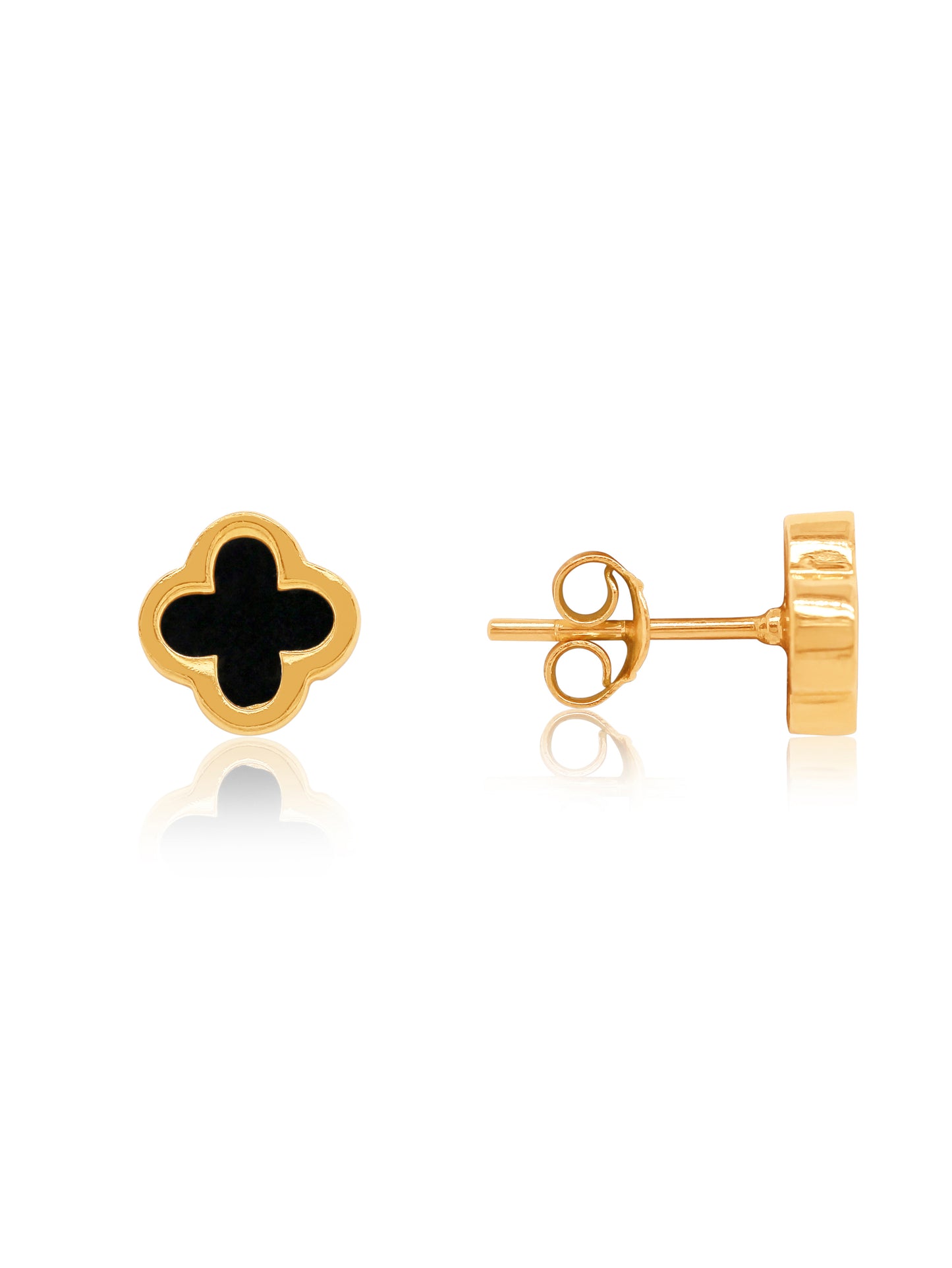 Medium Black 4 Leaf Clover Stud Earring in 9 Carat Yellow Gold