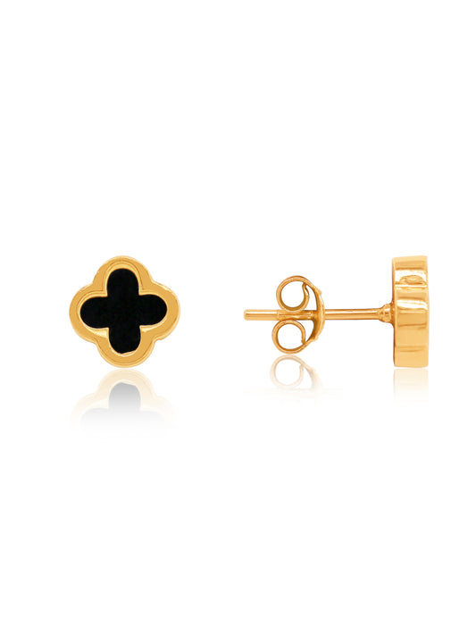 Medium Black 4 Leaf Clover Stud Earring in 9 Carat Yellow Gold