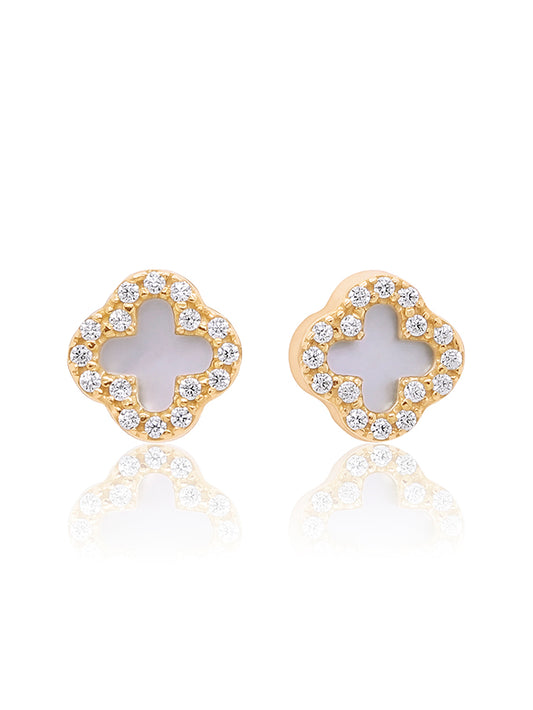 Small CZ & Mother Of Pearl Clover Earrings in 9 Carat Yellow Gold