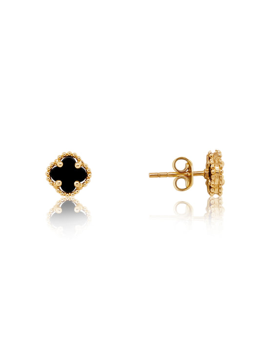 Fancy Clover Earrings Small Onyx Set, 9 Carat Yellow Gold