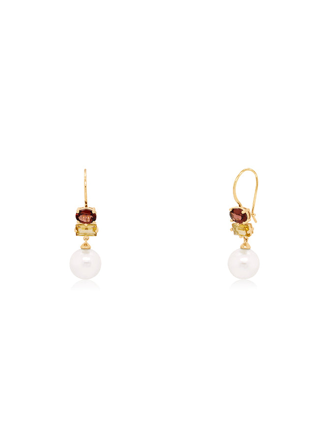 Fresh Water Pearl, Garnet & Citrine Earrings in 9 Carat Yellow Gold