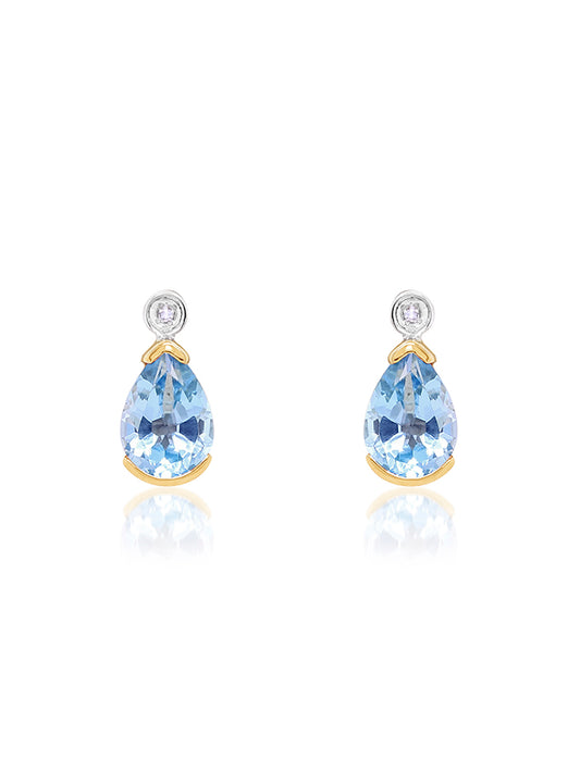 Pear Blue Topaz & Diamond Stud Earrings in 9 Carat Yellow Gold