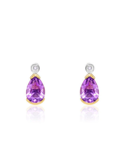 Pear Amythest & Diamond Stud Earrings in 9 Carat Yellow Gold