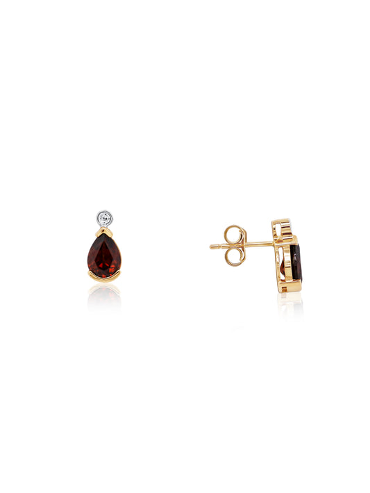 Pear Garnet & Diamond Stud Earrings, 9K Yellow Gold