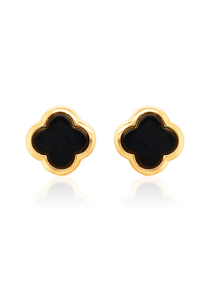 Black Onyx Clover Large Stud Earring in 9 Carat Yellow Gold