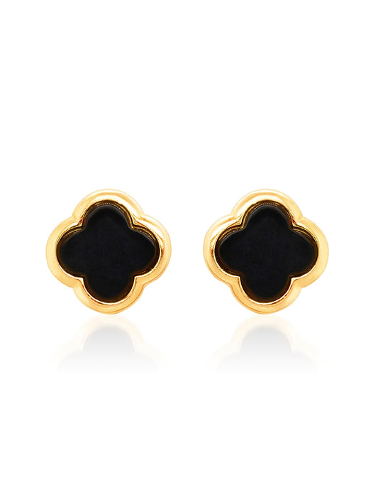 Black Onyx Clover Large Stud Earring in 9 Carat Yellow Gold