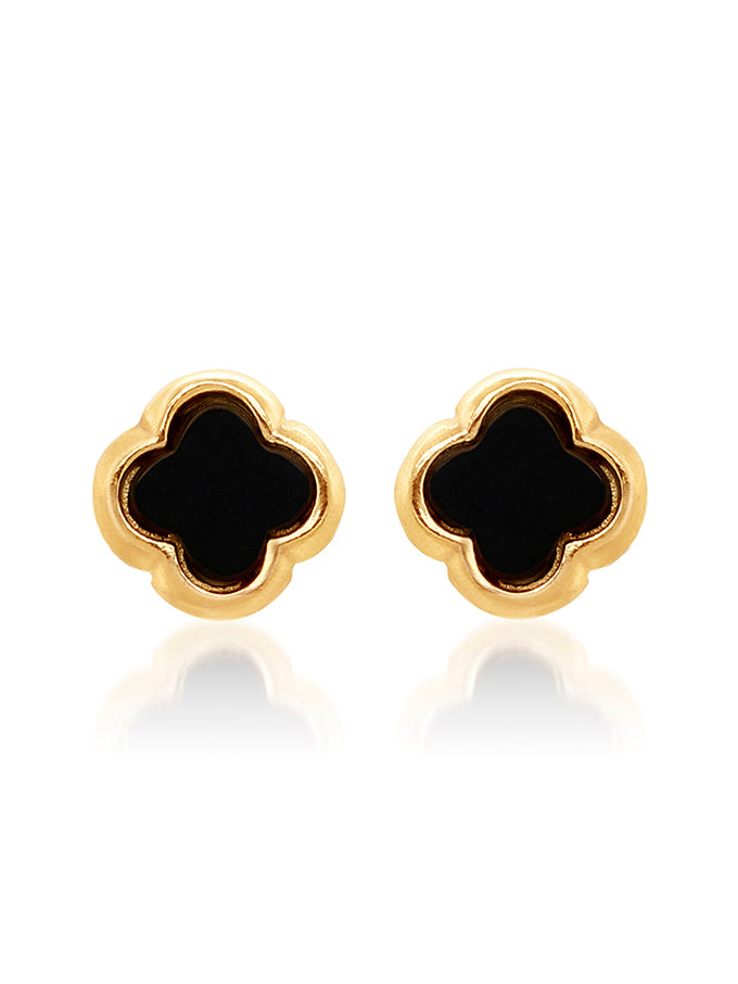 Black Onyx Clover Stud Earring in 9 Carat Yellow Gold