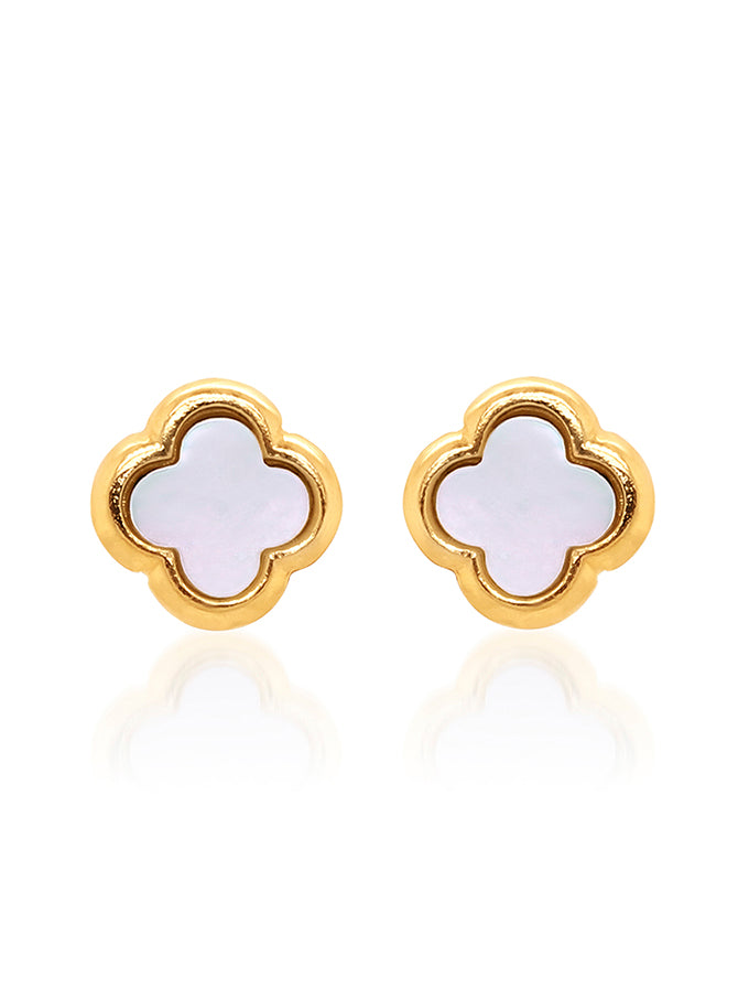 Mother Of Pearl Clover Stud Earring in 9 Carat Yellow Gold