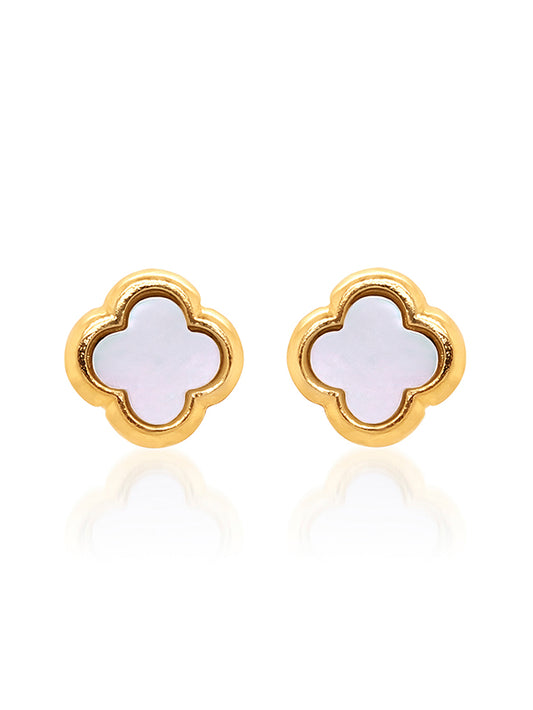 Mother Of Pearl Clover Stud Earring in 9 Carat Yellow Gold