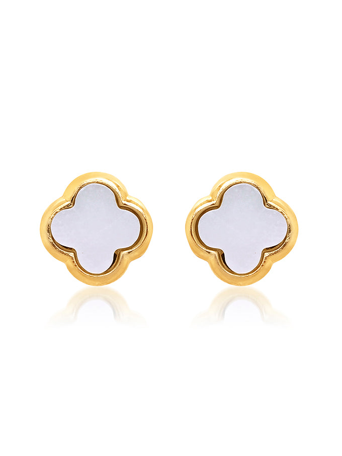 Mother Of Pearl Clover Stud Earring in 9 Carat Yellow Gold