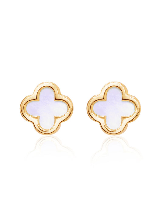 Mother Of Pearl Clover Stud Earring in 9 Carat Yellow Gold