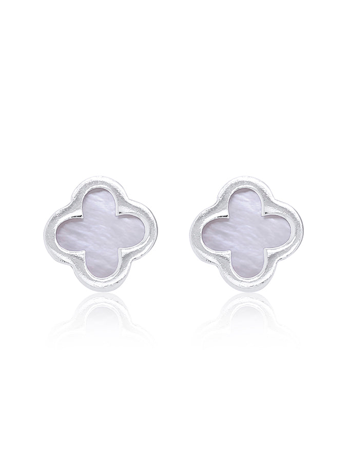 Mother Of Pearl Clover Stud Earring, 9 Carat White Gold