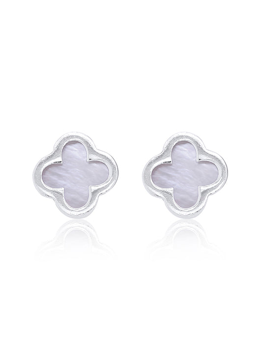Mother Of Pearl Clover Stud Earring, 9 Carat White Gold