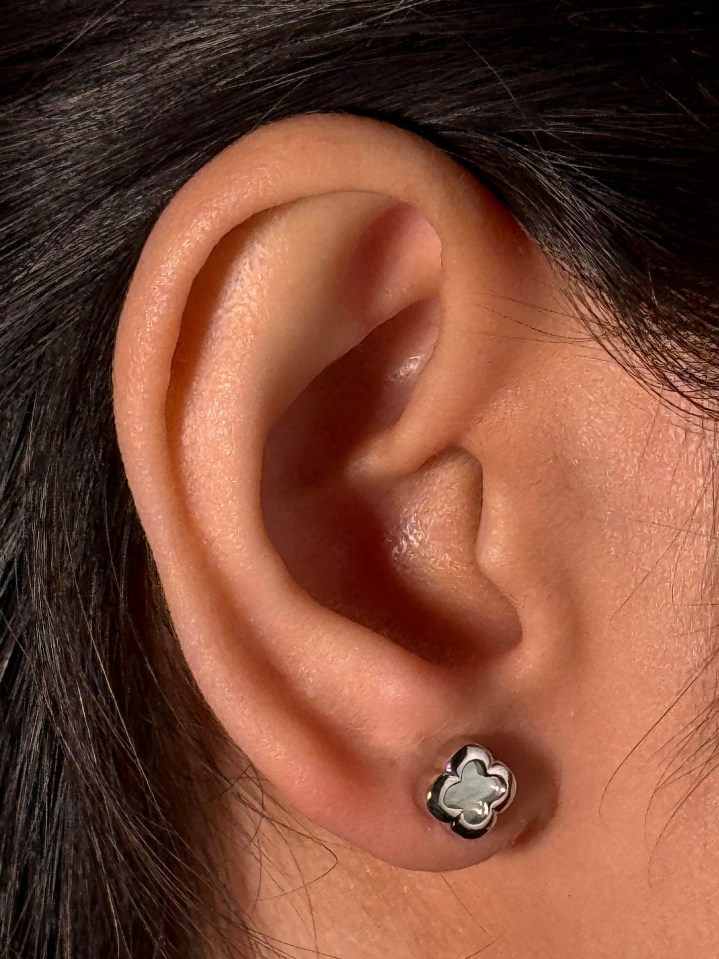 Small Mother Of Pearl Clover Stud Earring, 9 Carat White Gold