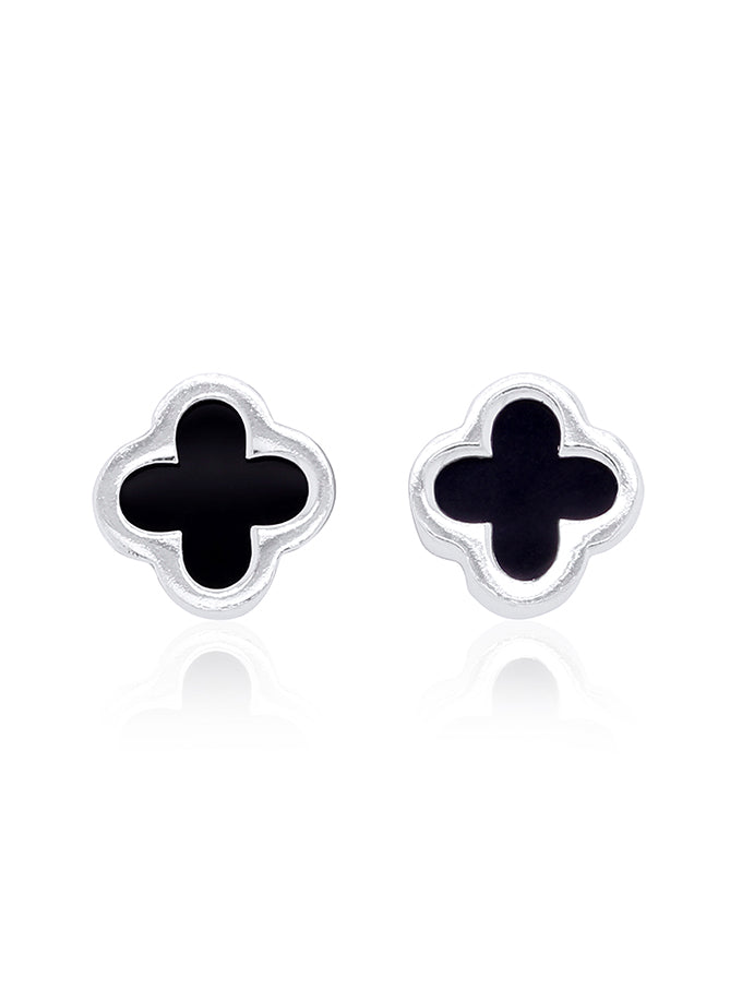Small Black Onyx Clover Stud Earring in 9 Carat White Gold