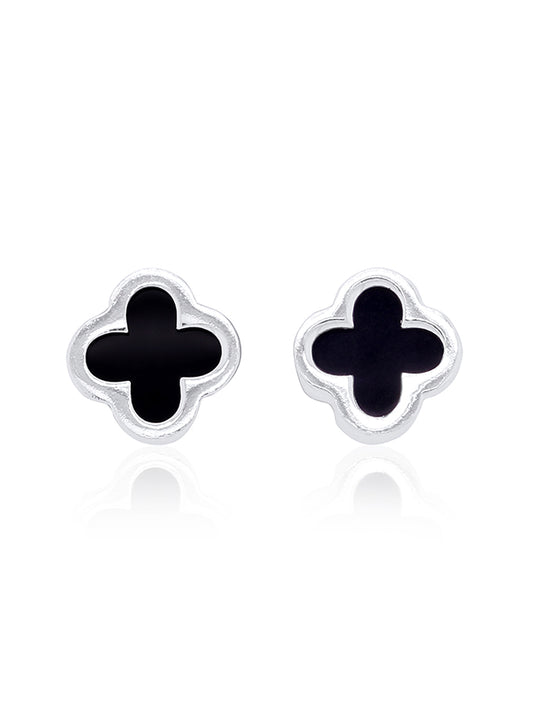 Small Black Onyx Clover Stud Earring in 9 Carat White Gold