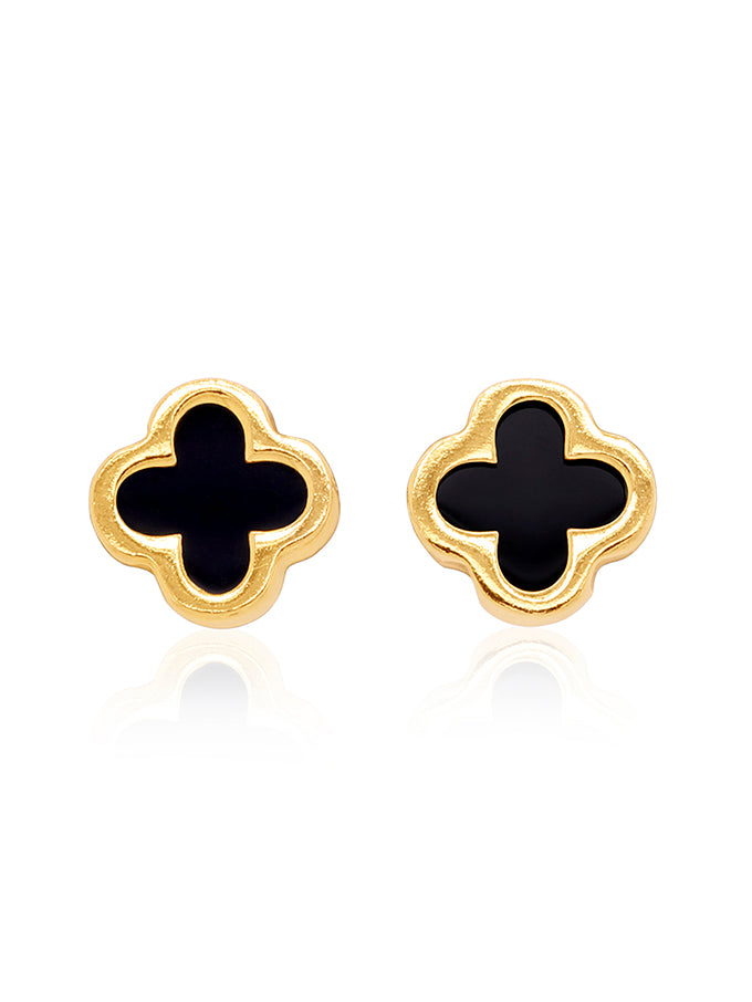 Small Black Onyx Clover Stud Earring in 9 Carat Yellow Gold