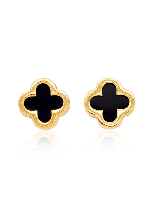 Small Black Onyx Clover Stud Earring in 9 Carat Yellow Gold