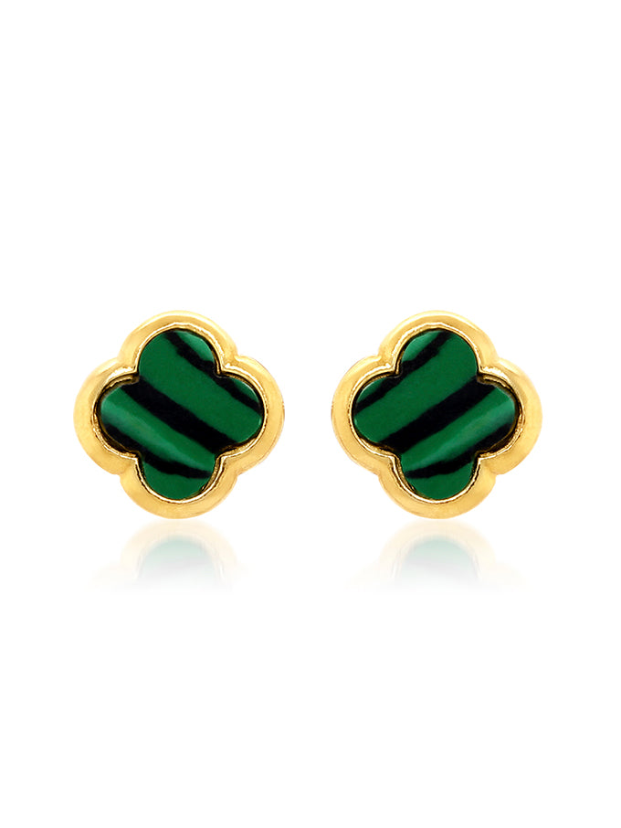 Large Malachite Clover Stud Earring in 9 Carat Yellow Gold