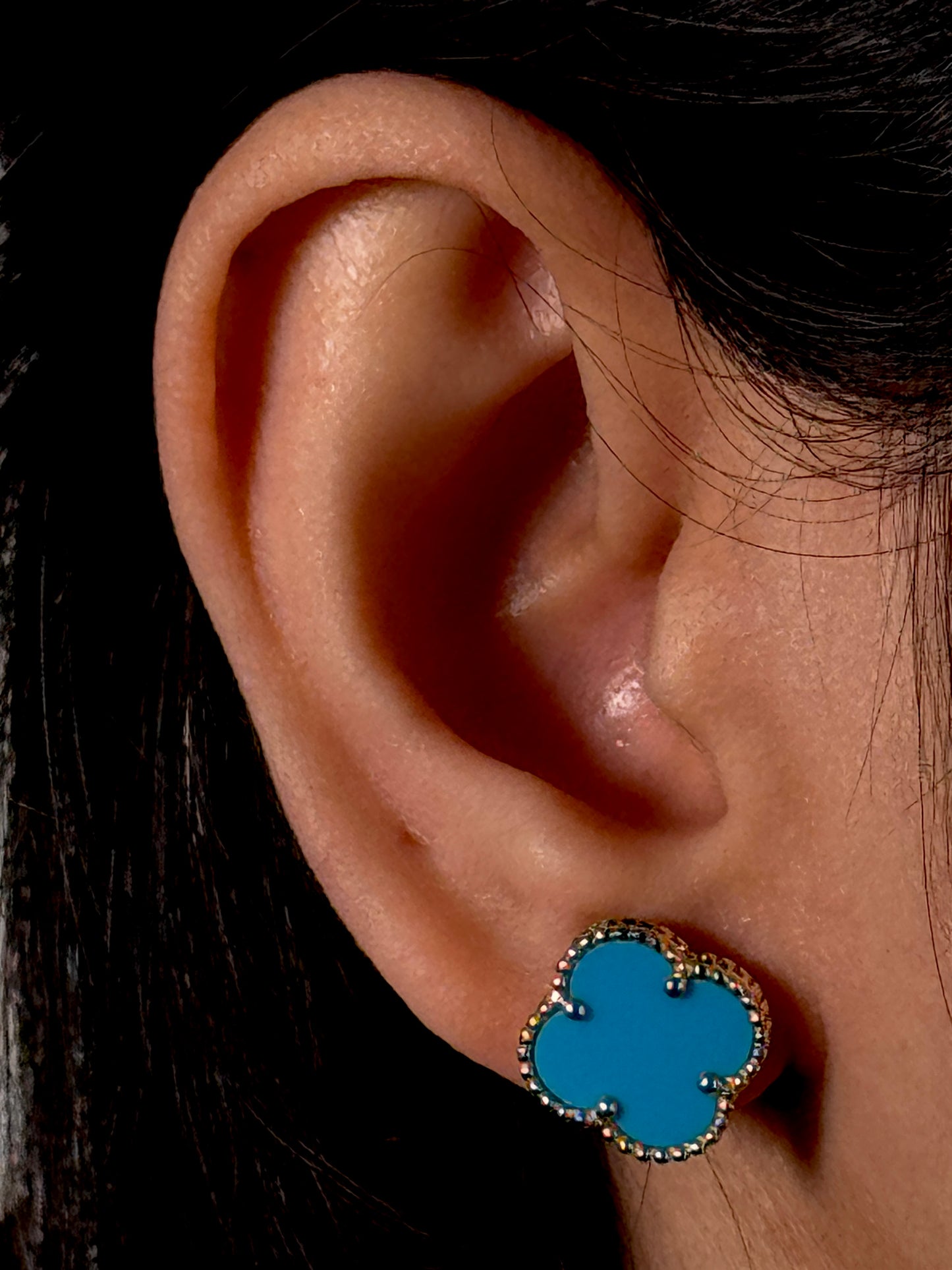 Fancy Turquoise Large Clover Stud Earrings, 9 Carat Yellow Gold