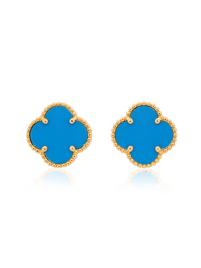 Fancy Turquoise Large Clover Stud Earrings, 9 Carat Yellow Gold