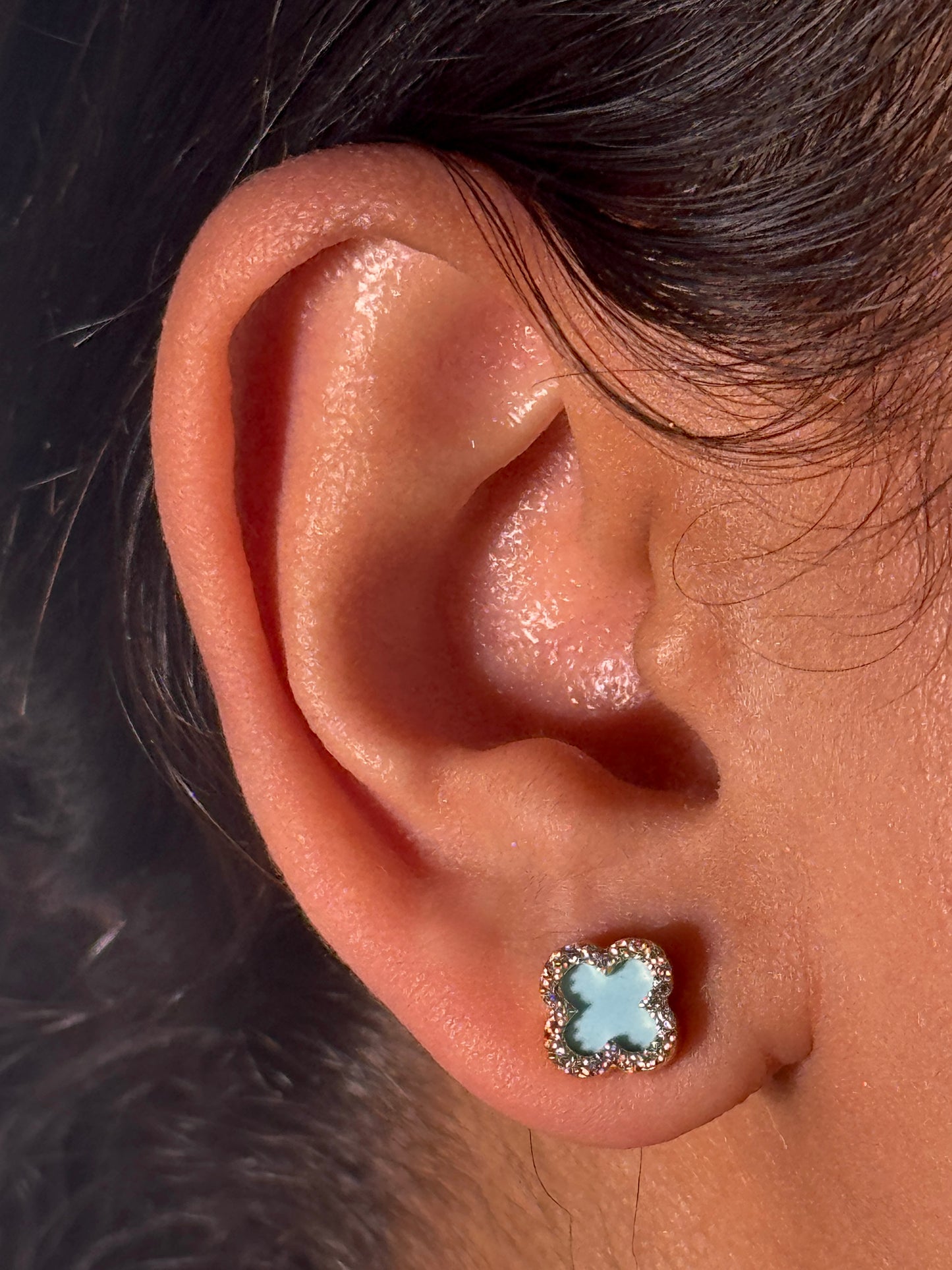 Turquoise & CZ Clover Earrings, 9 Carat Yellow Gold