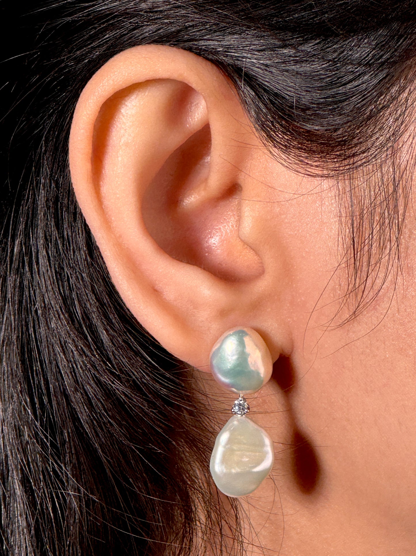 Fresh Water Keshi & Diamond Stud Drop Earrings, 9K White Gold