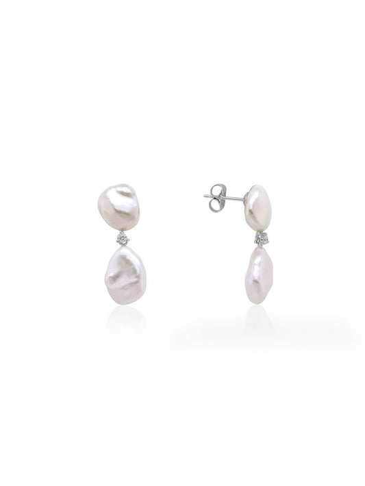 Fresh Water Keshi & Diamond Stud Drop Earrings, 9K White Gold