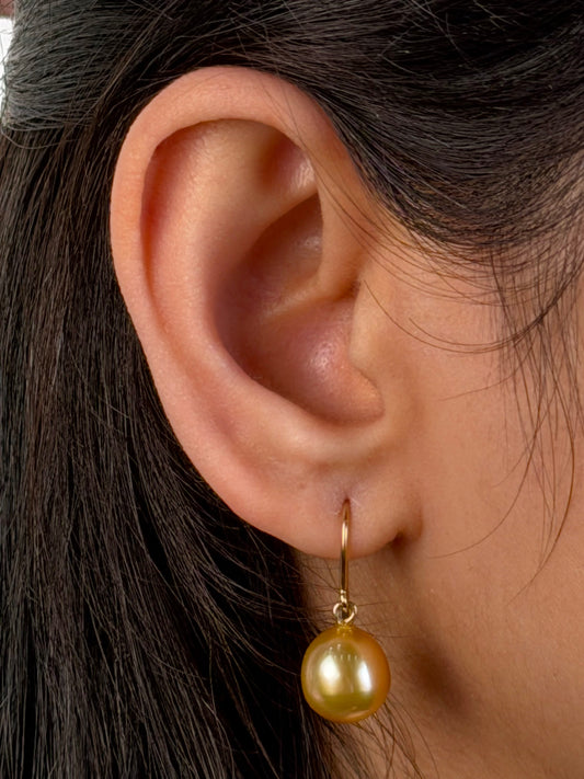 Golden South Sea Pearl Drops, 9K Yellow Gold, 10mm