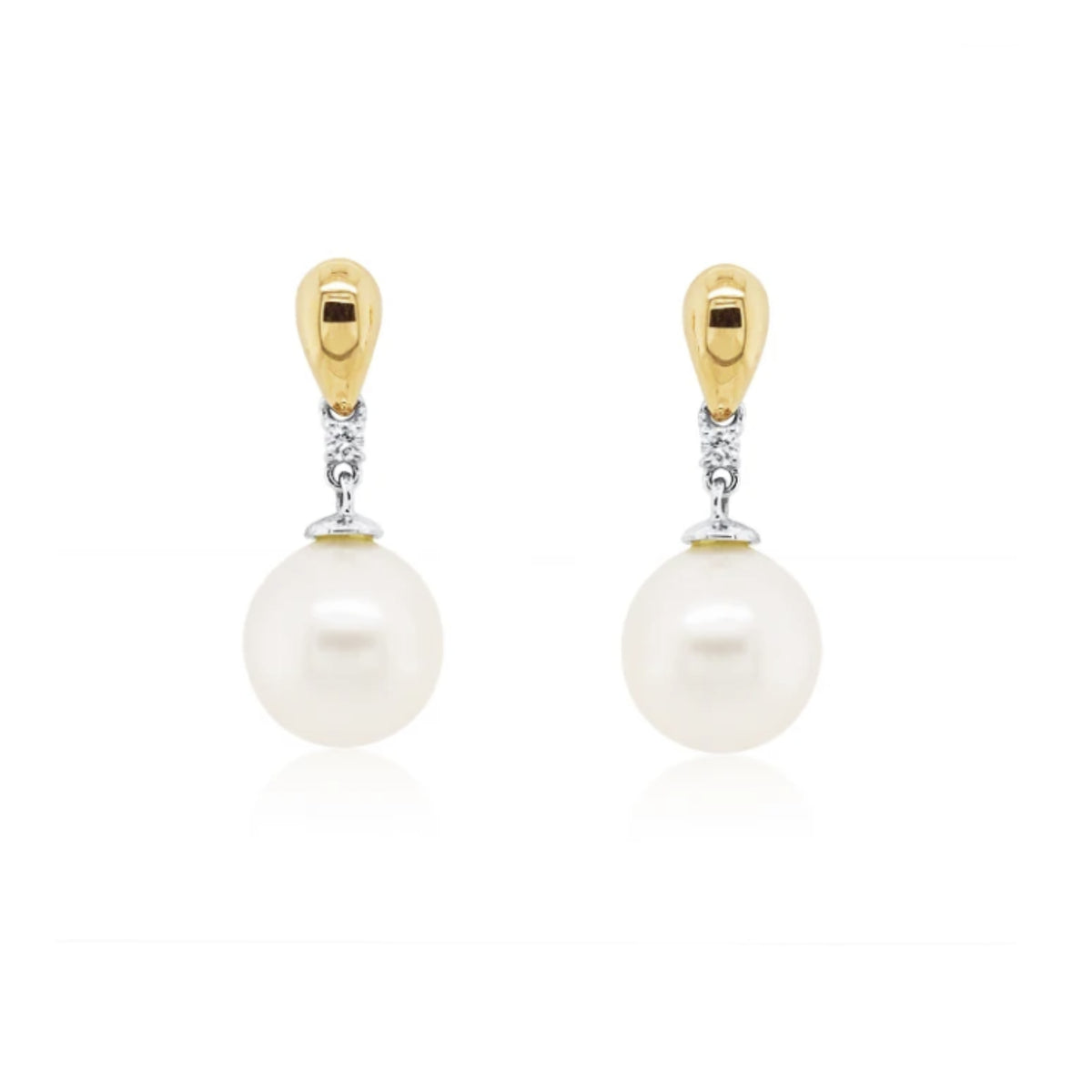 Freshwater Pearl  & Diamond stud drops, 18K Yellow Gold.