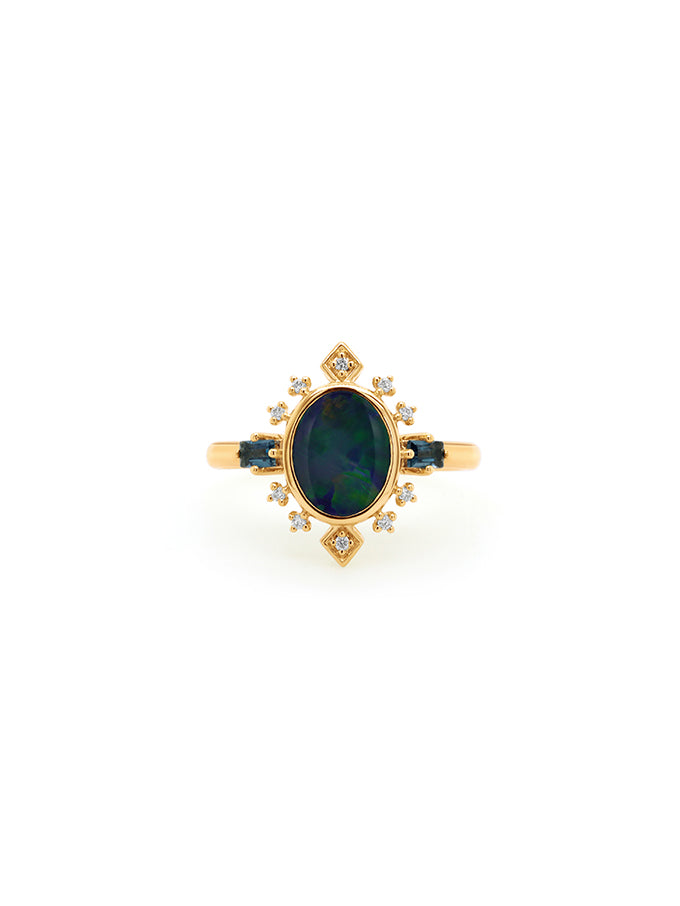 Opal, London Blue Topaz & Lab Diamond Dress Ring, 9 Carat Yellow Gold