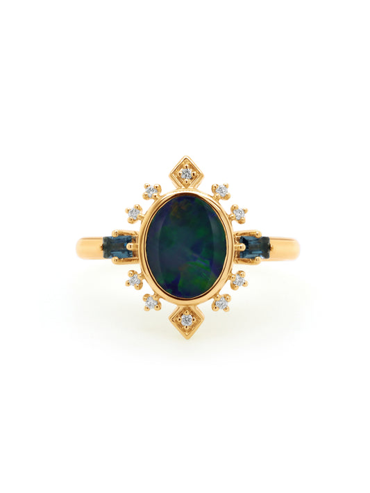 Opal, London Blue Topaz & Lab Diamond Dress Ring, 9 Carat Yellow Gold