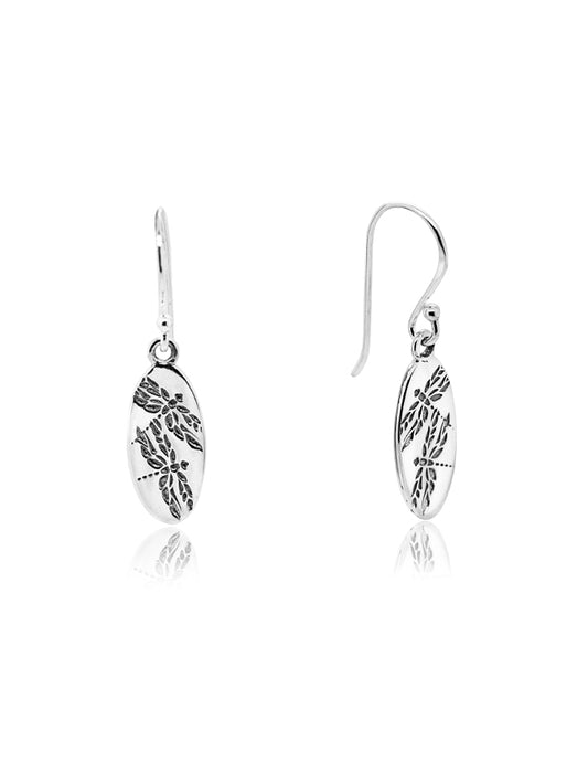 Dragonflies oval drop sterling silver ear rings.