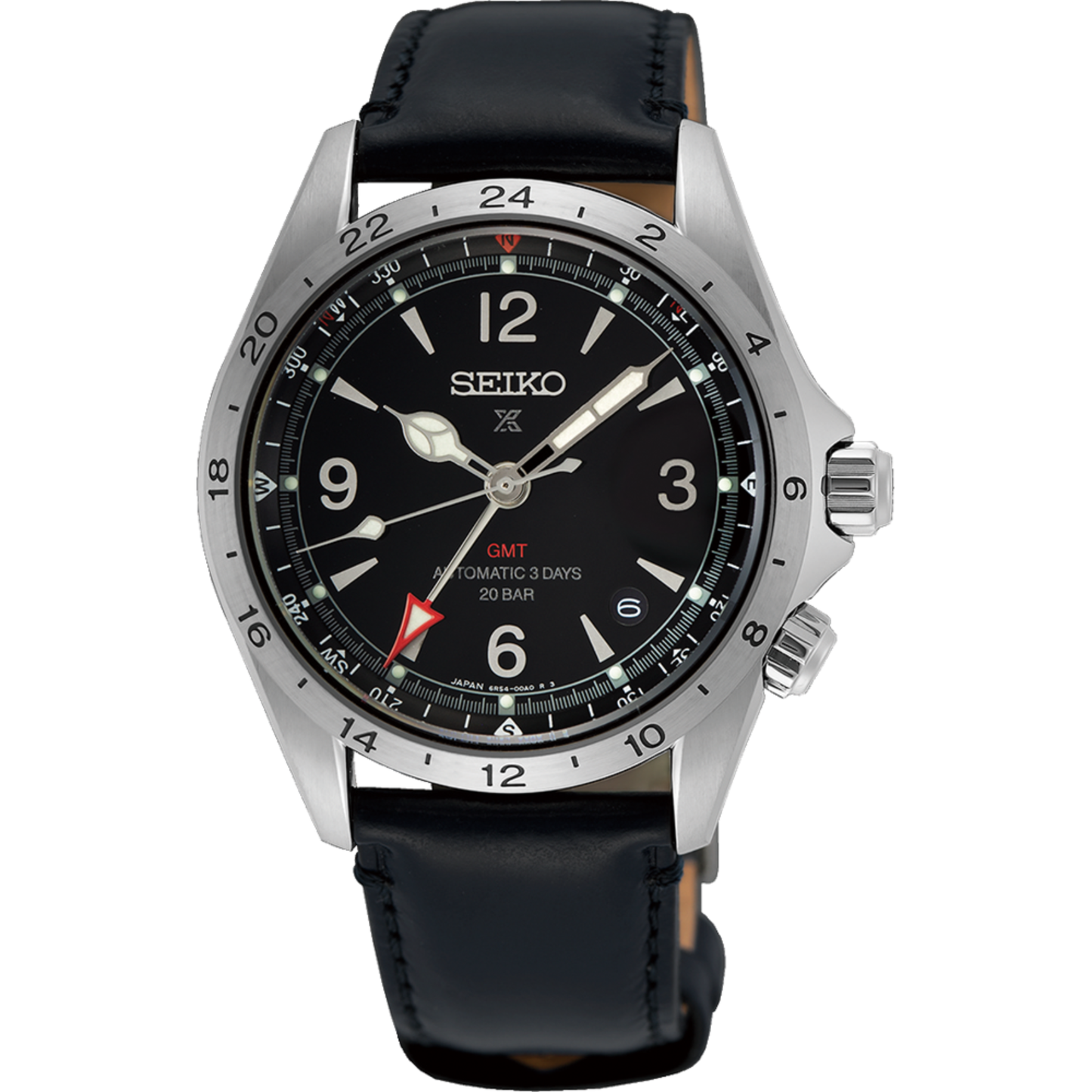 Seiko SPB379J Black Prospex Land GMT, Leather Strap